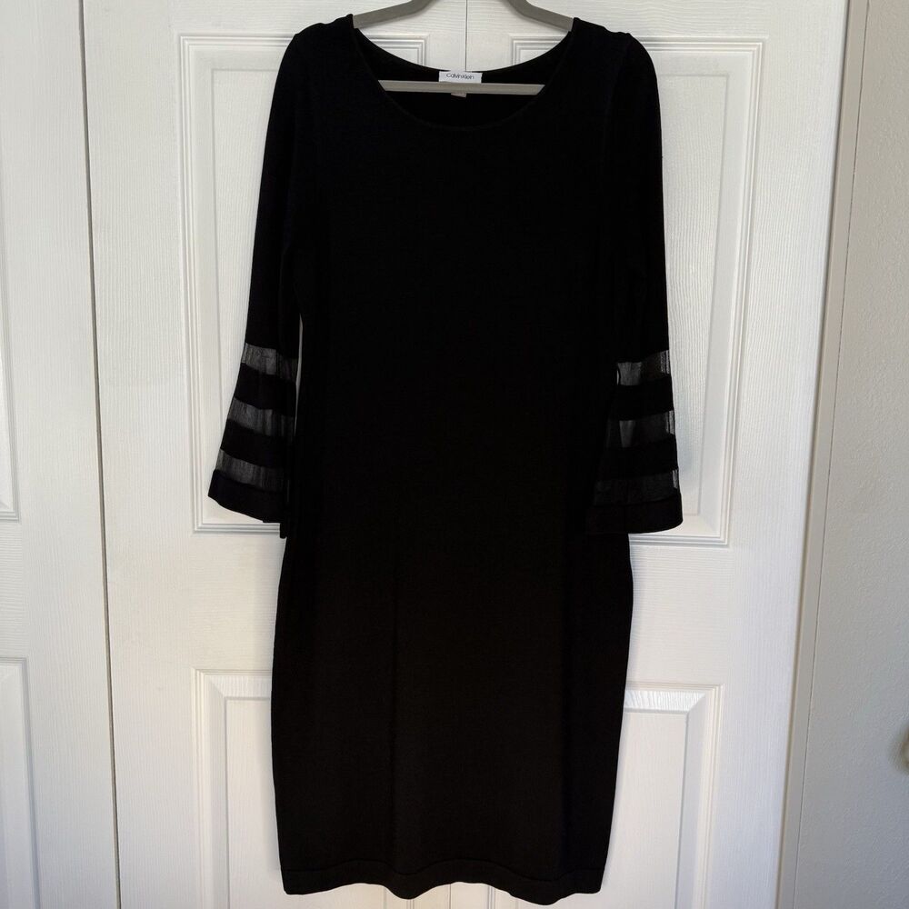 Calvin Klein Black Sheath Dress Bell Sleeves with Mesh Inserts Women’s Size XL